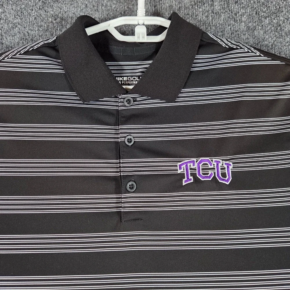 TCU Horned Frogs Nike Golf Tour Performance Polo Shirt Mens L Black White Stripe